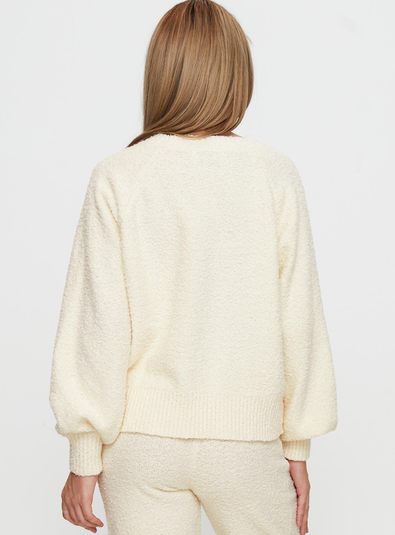 back view of model wearing Princess Polly Susi Fluffy Knit Sweater Ivory cropped 