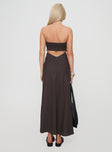 back view of model wearing Princess Polly Yahir Strapless Maxi Dress Brown Straight Neck 