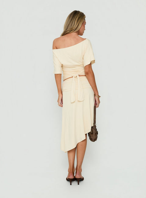 Sezzia Ruched Asymmetrical Midi Skirt Beige
