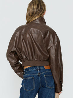 Ace Player Funnel Neck Faux Leather Jacket Brown
