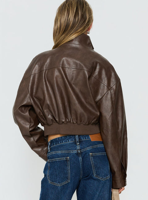Ace Player Funnel Neck Faux Leather Jacket Brown