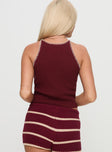 back view of model wearing Princess Polly Arianell Halter Knit Top Maroon Sleeveless High Neck 