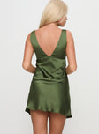 back view of model wearing Princess Polly Kosettina Mini Dress Green V-Neck 