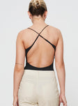 Open back bodysuit Fixed halter strap, high cut leg, cheeky style bottom, press clip fastening Good stretch, fully lined 