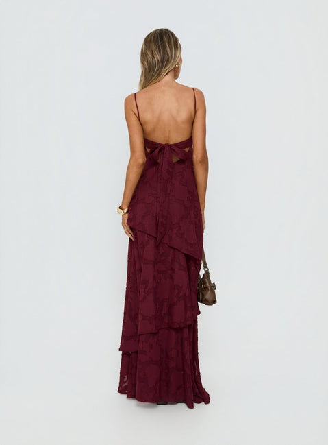 Lyricah Tiered Tie Back Maxi Dress / Burgundy
