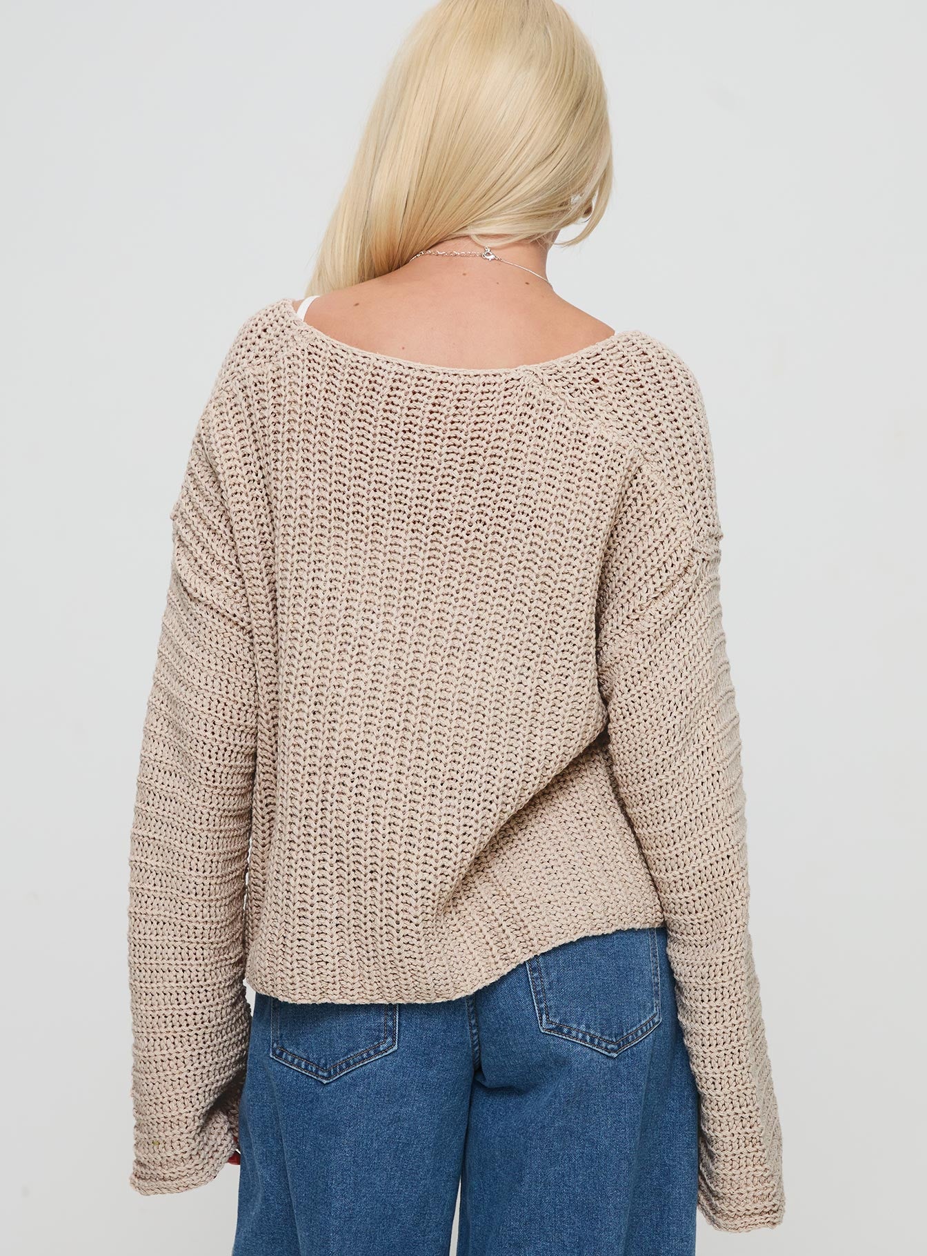 back view of model wearing Princess Polly Maela Knit Cardigan Mocha Cropped 
