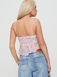 back view of model wearing Princess Polly Karta Top White / Pink Sleeveless V-Neck 