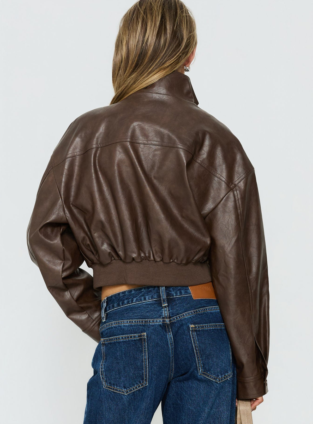 Ace Player Funnel Neck Faux Leather Jacket Brown Petite