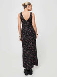 Floral print maxi dress V-neckline, fixed shoulder straps, tie detail at bust, invisible zip fastening Non-stretch material, partially lined