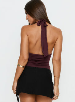 back view of model wearing Princess Polly Leave Me Alone Plunge Halter Bodysuit Burgundy Sleeveless 