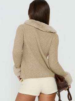 Highlighting the Gisele Faux Fur Trim Long Sleeve Sand womens jumper with short length back view of model wearing Princess Polly