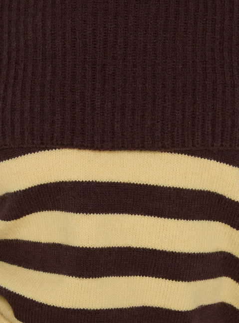 Next Page Foldover Long Sleeve Knit Sweater Brown / Yellow Stripe
