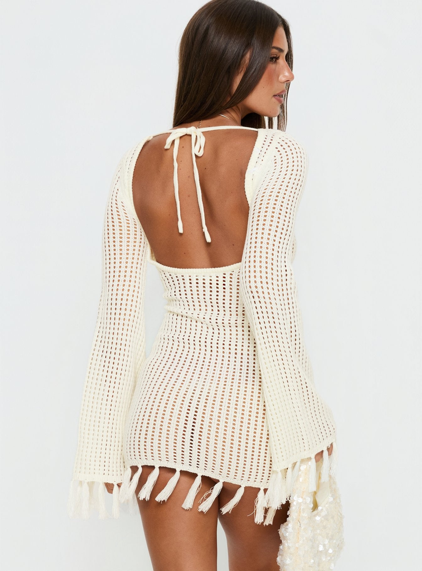 Melosa Long Sleeve Crochet Mini Dress | White | Womens