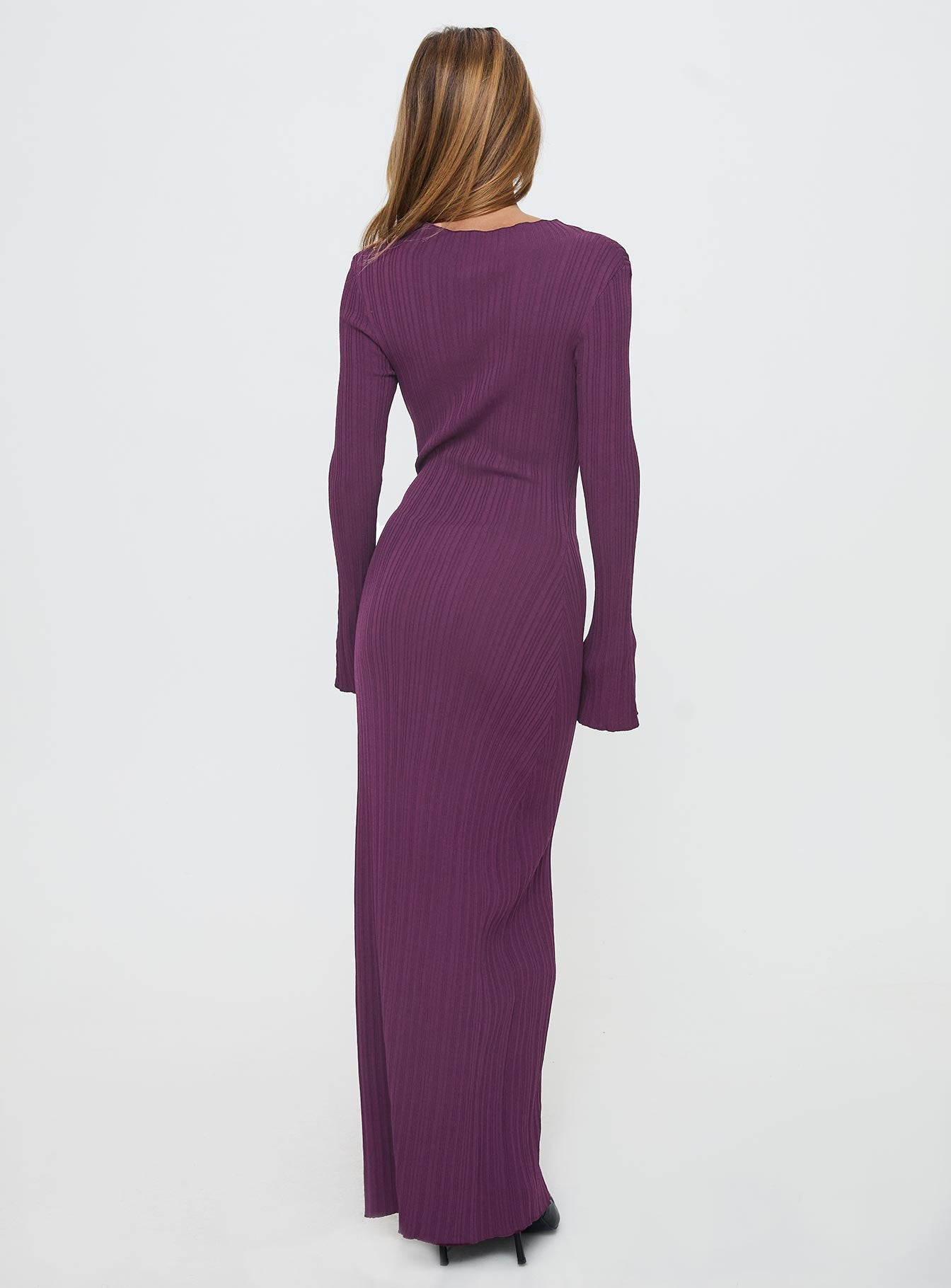 back view of model wearing Princess Polly Tesley Long Sleeve Maxi Dress Burgundy Crew Neck 