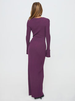 back view of model wearing Princess Polly Tesley Long Sleeve Maxi Dress Burgundy Crew Neck 