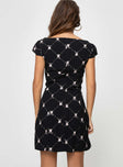 Mini Dress Floral print, slim fitting, square neckline, ribbon detail at front, invisible zip fastening at back