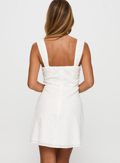 back view of model wearing Princess Polly Sweet Secrets Broderie Mini Dress White Sweetheart Neckline 