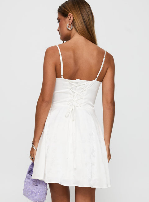 back view of model wearing Princess Polly Dreams Ahead Mini Dress White Square Neck 