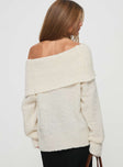 back view of model wearing Princess Polly Parkley Boucle Off The Shoulder Sweater Cream Long 