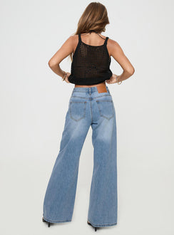 back view of model wearing Princess Polly Colemane Mid Rise Denim Jeans Angel Blue Petite Mid Rise 
