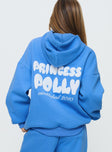 back view of model wearing Princess Polly Princess Polly Hooded Sweatshirt Bubble Text Blue / White Long 