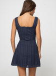 back view of model wearing Princess Polly Dasha Mini Dress Navy Petite Square Neck 