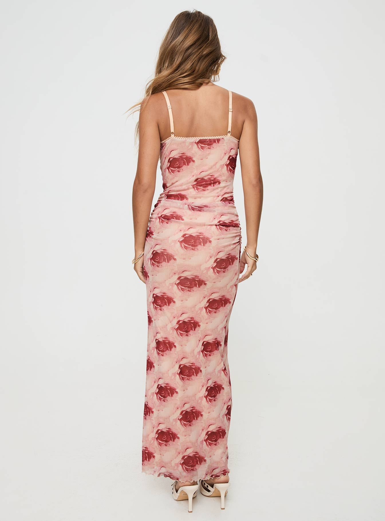 back view of model wearing Princess Polly Louette Maxi Dress Floral V-Neck 