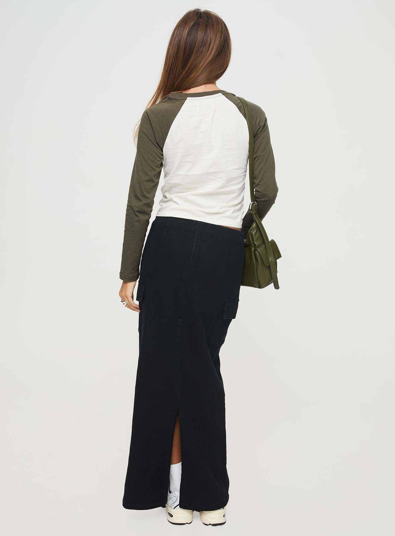 back view of model wearing Princess Polly My Girl Maxi Skirt Black Maxi 