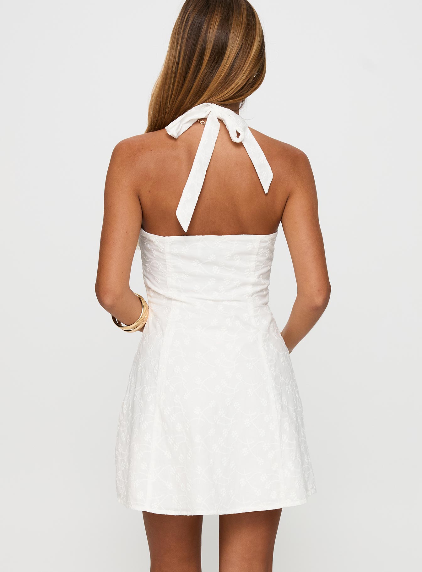back view of model wearing Princess Polly Lovelia Halter Embroidered Mini Dress White V-Neck 