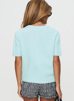 back view of model wearing Princess Polly Wait A Lifetime Short Sleeve Cardigan Blue Cropped 