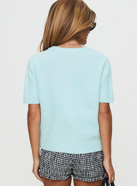 back view of model wearing Princess Polly Wait A Lifetime Short Sleeve Cardigan Blue Cropped 