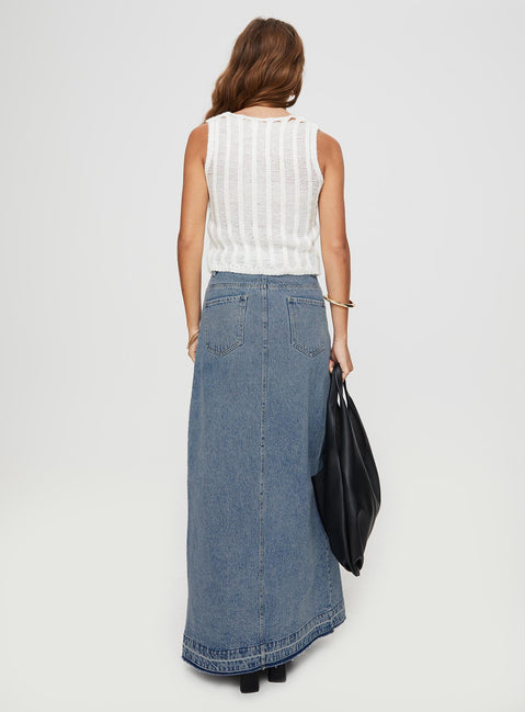 back view of model wearing Princess Polly Deneuve Denim Maxi Skirt Mid Wash Maxi 