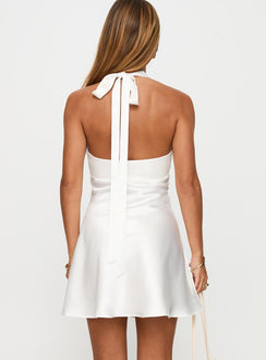 back view of model wearing Princess Polly Pelagia Halter Scarf Tie Mini Dress White V-Neck 