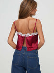 Red satin crop top white lace trim