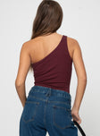 back view of model wearing Princess Polly Rueful Bodysuit Burgundy Sleeveless Asymmetric Neckline 