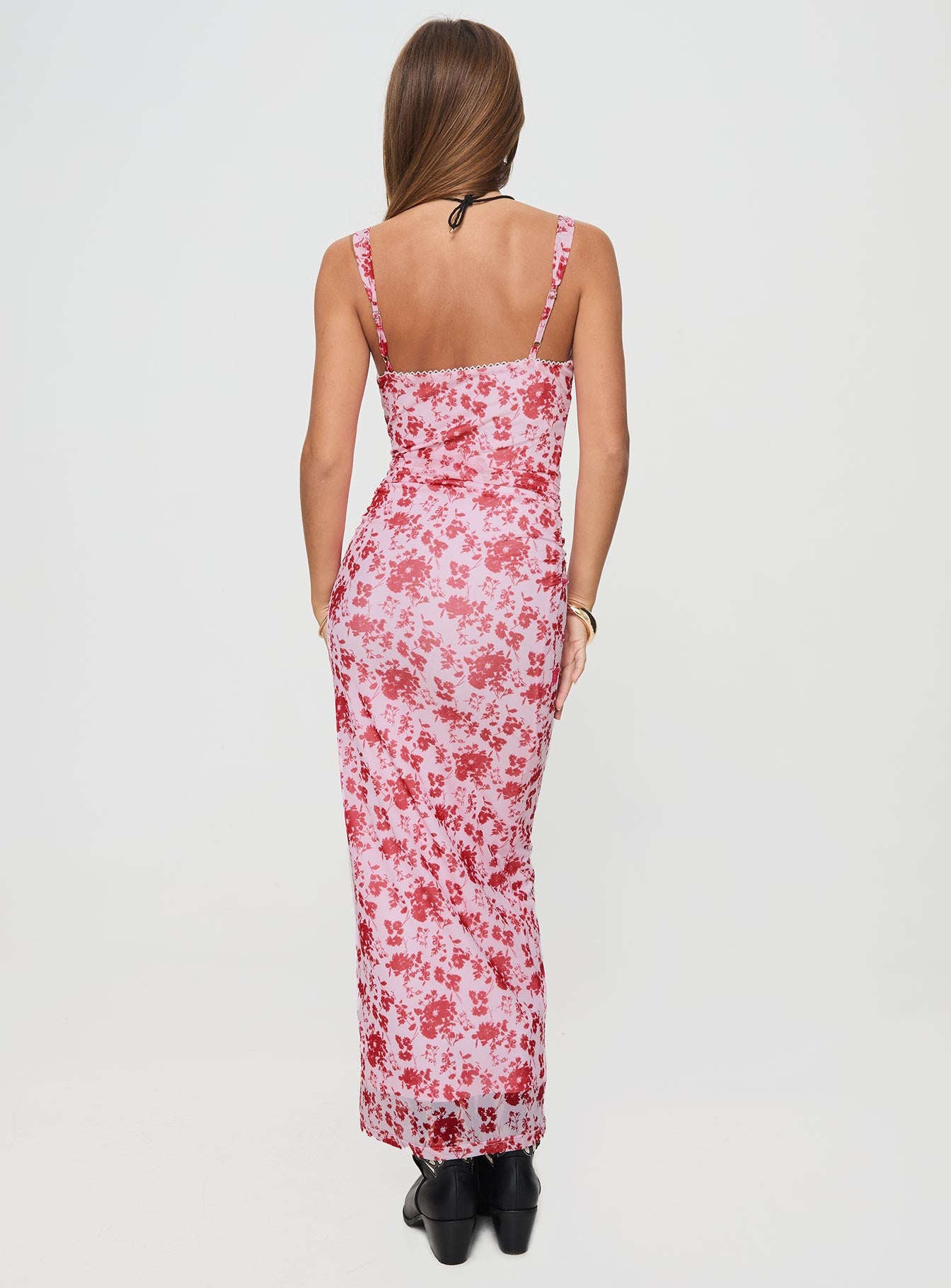 back view of model wearing Princess Polly Cotter Maxi Dress Pink / Floral Sweetheart Neckline 