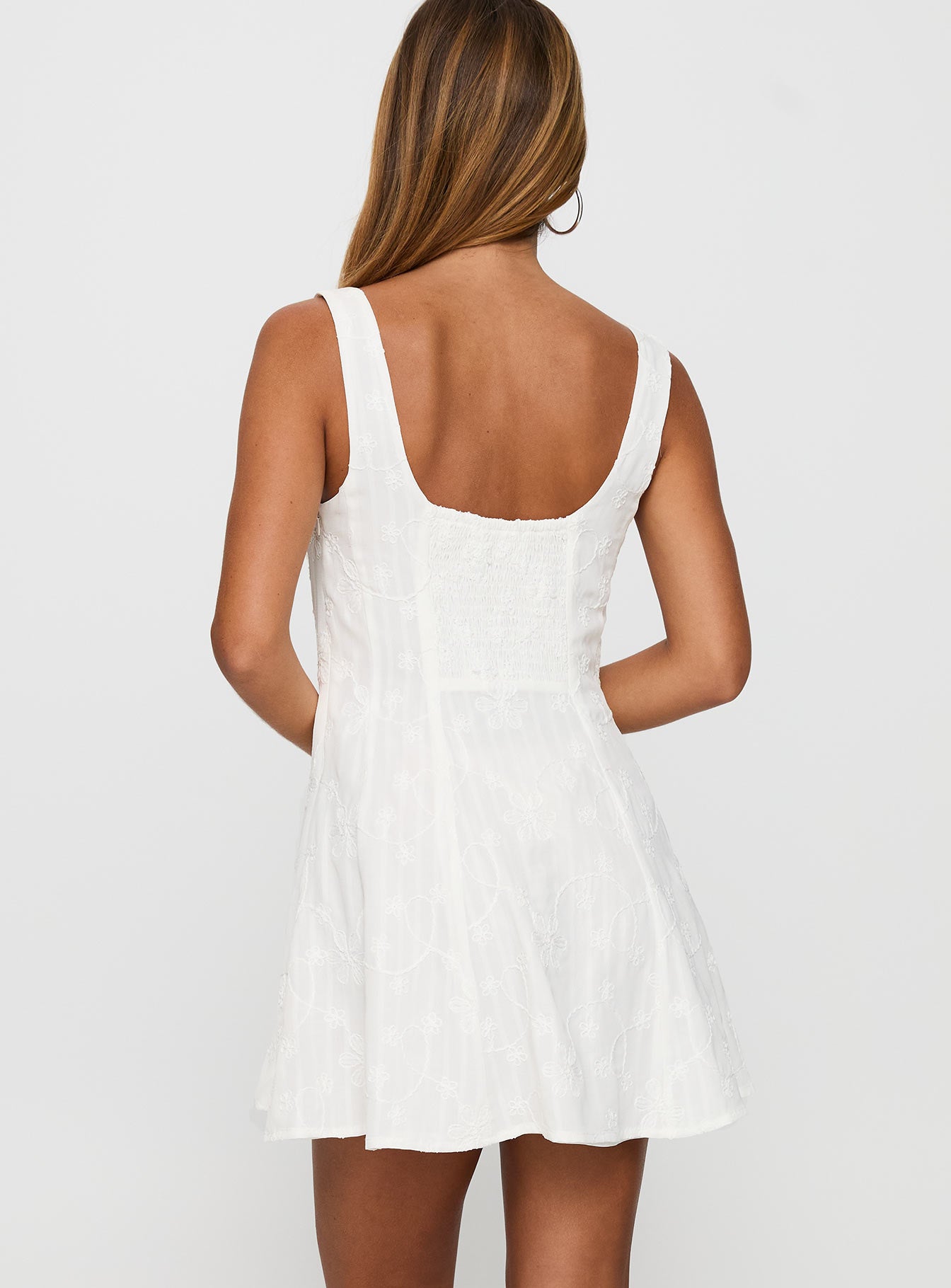 back view of model wearing Princess Polly You Can Embroidered Mini Dress White Square Neck 