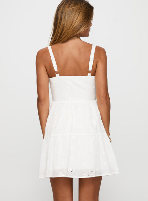 back view of model wearing Princess Polly Anabelita Broderie Mini Dress White Square Neck 