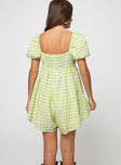 Playsuit, gingham print  Square neckline, puff sleeves, elasticated shoulders and back, rushed back band Invisible zip fastening at back, inner silicone strip at bust