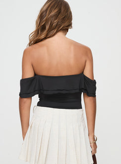 back view of model wearing Princess Polly Coming Back Ruffle Bodysuit Black Sleeveless 