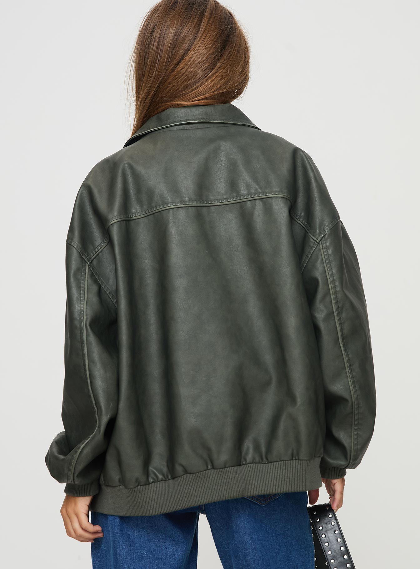 Faux leather bomber jacket Classic collar, ribbed waistband and cuffs, zip front fastening, twin hip pockets 