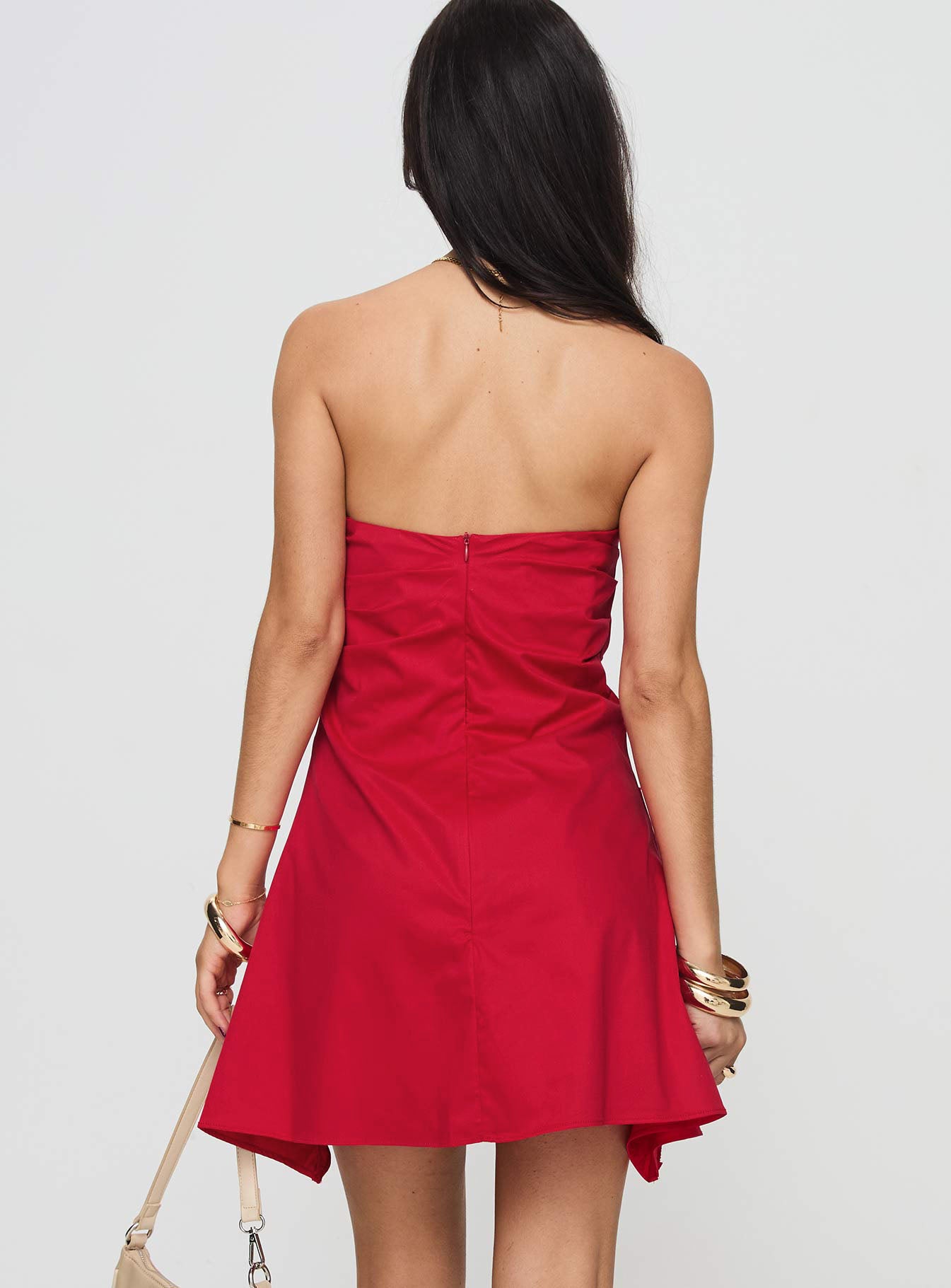 back view of model wearing Princess Polly Bradwell Strapless Mini Dress Red Sweetheart Neckline 