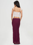 back view of model wearing Princess Polly Devon Maxi Skirt Burgundy Maxi 