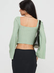 back view of model wearing Princess Polly Mani Long Sleeve Top Green Full Sleeves Sweetheart 