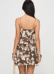 back view of model wearing Princess Polly Marilyn Mini Dress Brown / Floral V-Neck 