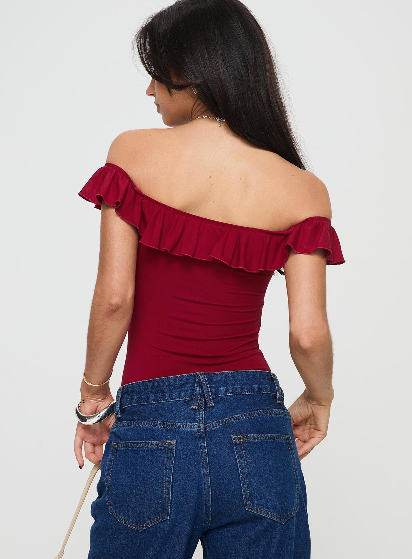 back view of model wearing Princess Polly Be Careful Off The Shoulder Bodysuit Red Short Sleeves V-Neck 