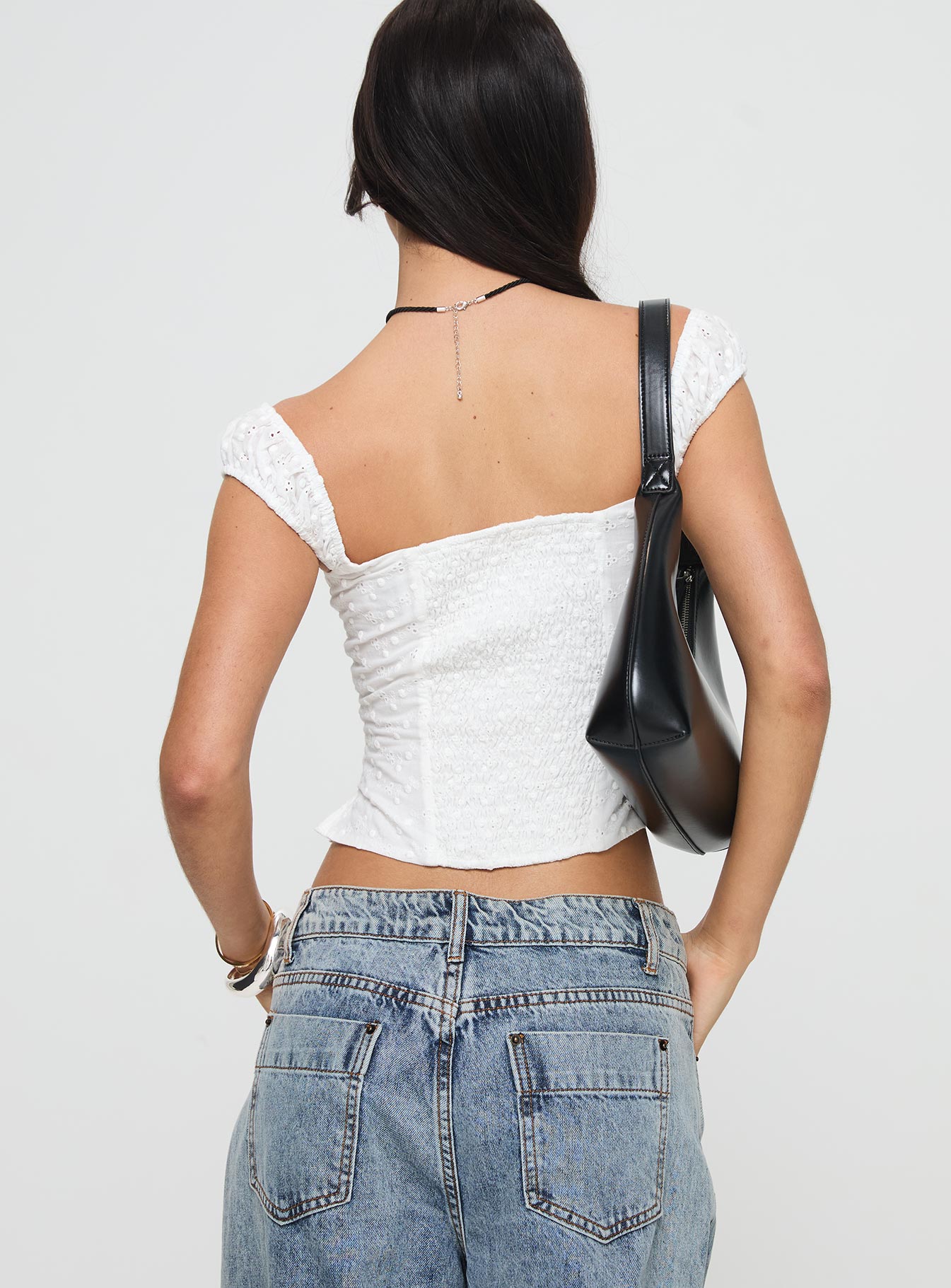 back view of model wearing Princess Polly Lyncher Top White Short Sleeves Square Neck 