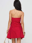 back view of model wearing Princess Polly Bradwell Strapless Mini Dress Red Tall Straight Neck 