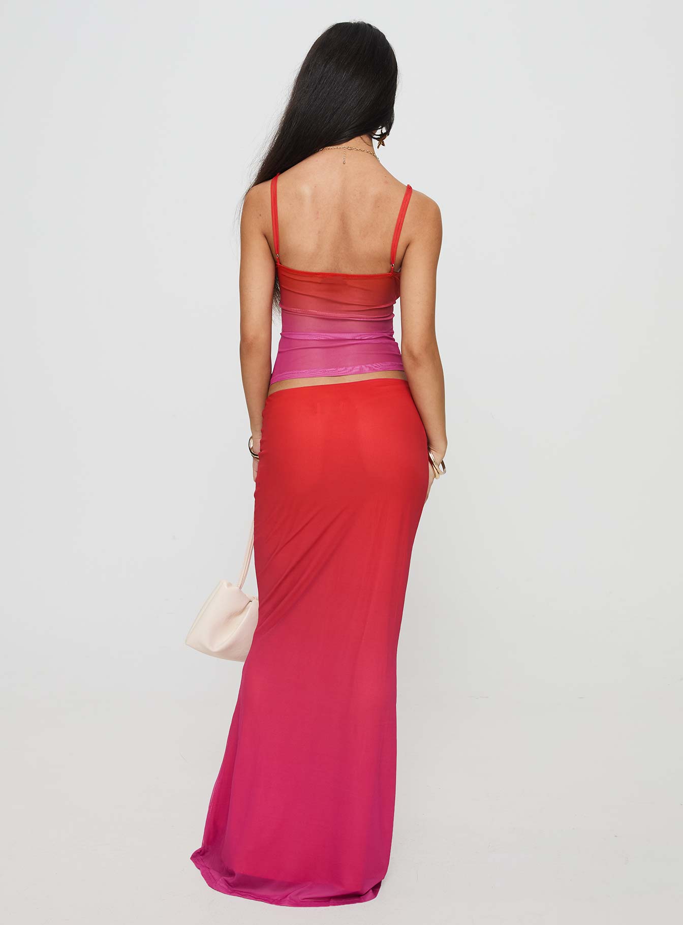 back view of model wearing Princess Polly Teen Spirit Maxi Skirt Pink Ombre Maxi 