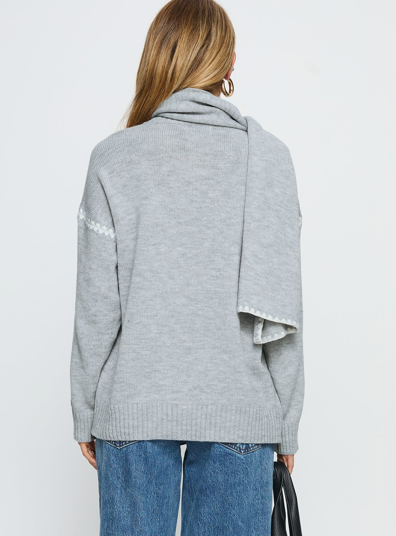 back view of model wearing Princess Polly Keriana Contrast Stitch Knit Sweater Grey / White Long 